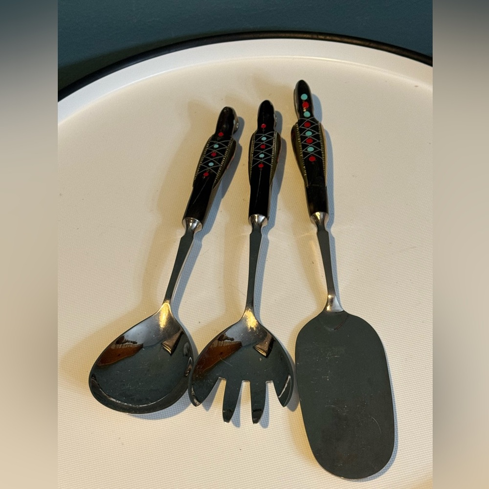 Set of 3 Vintage LEBANON Carved Inlaid Figural Bird Handle spoon fork spatula